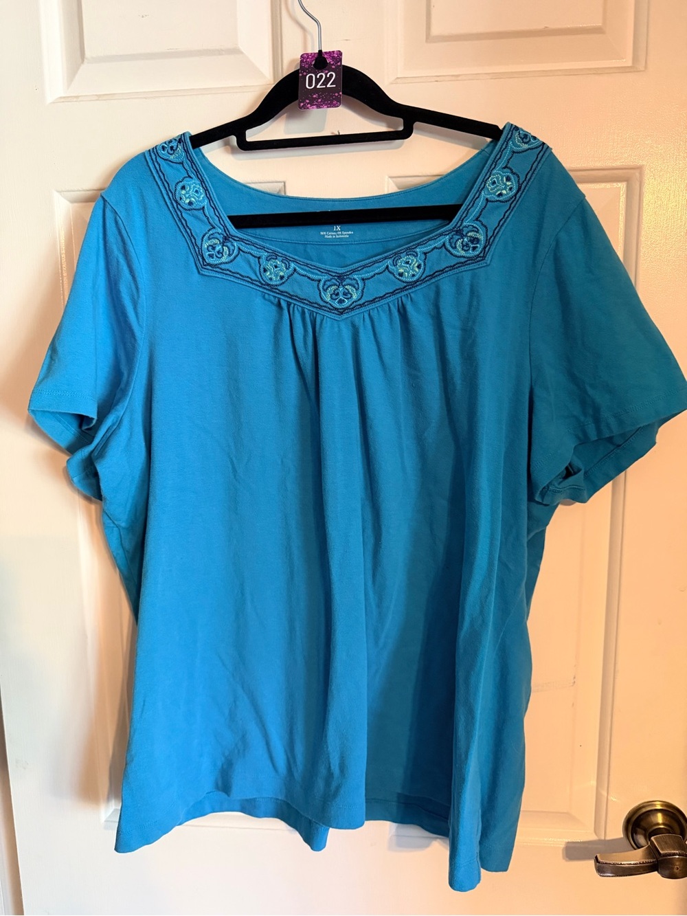 croft & barrow Turquoise Embroidered Scoop Neck Short Sleeve Tee